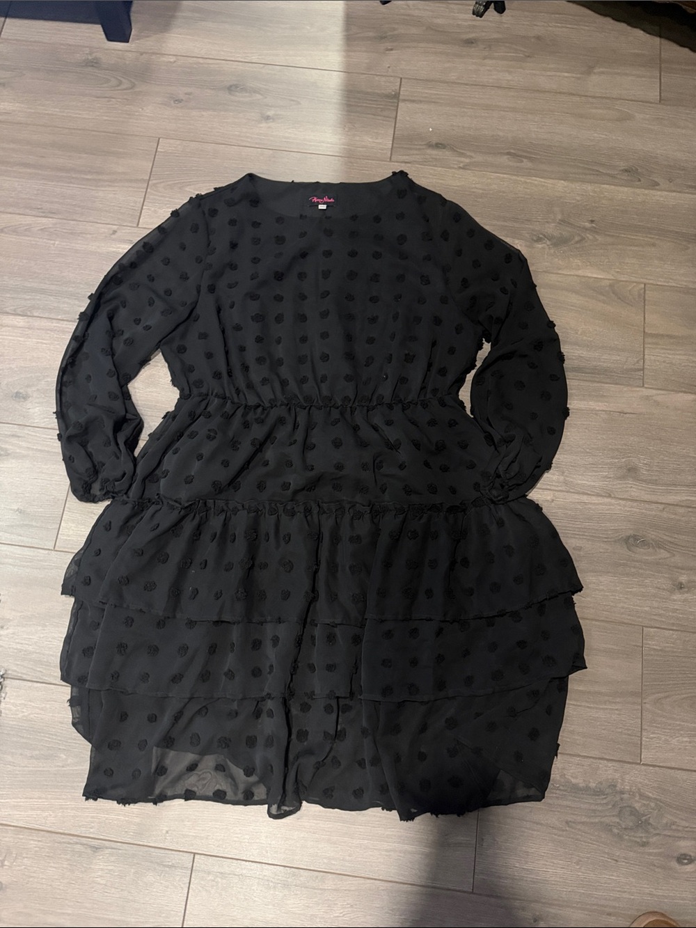 Angel Black Dot-Textured Tiered Long Sleeve Dress